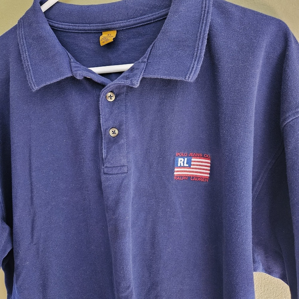 VTG Polo Ralph Lauren Jeans Co Shirt Mens XL Navy Polo Flag Logo XL